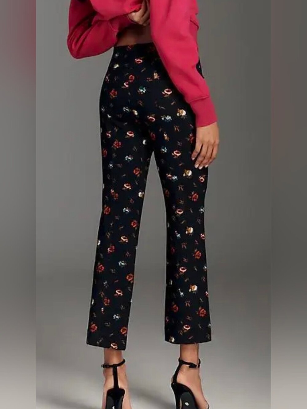 Anthropologie Black Floral Cropped Kick Flare Pull On Pants - Picture 2 of 5